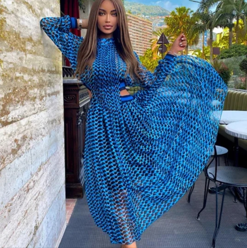 Blue Patterned Long-Sleeve Midi Dress - Picture 3 of 6